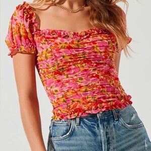 ASTR the Label floral puff sleeve Pink Ruched Women's Top size small